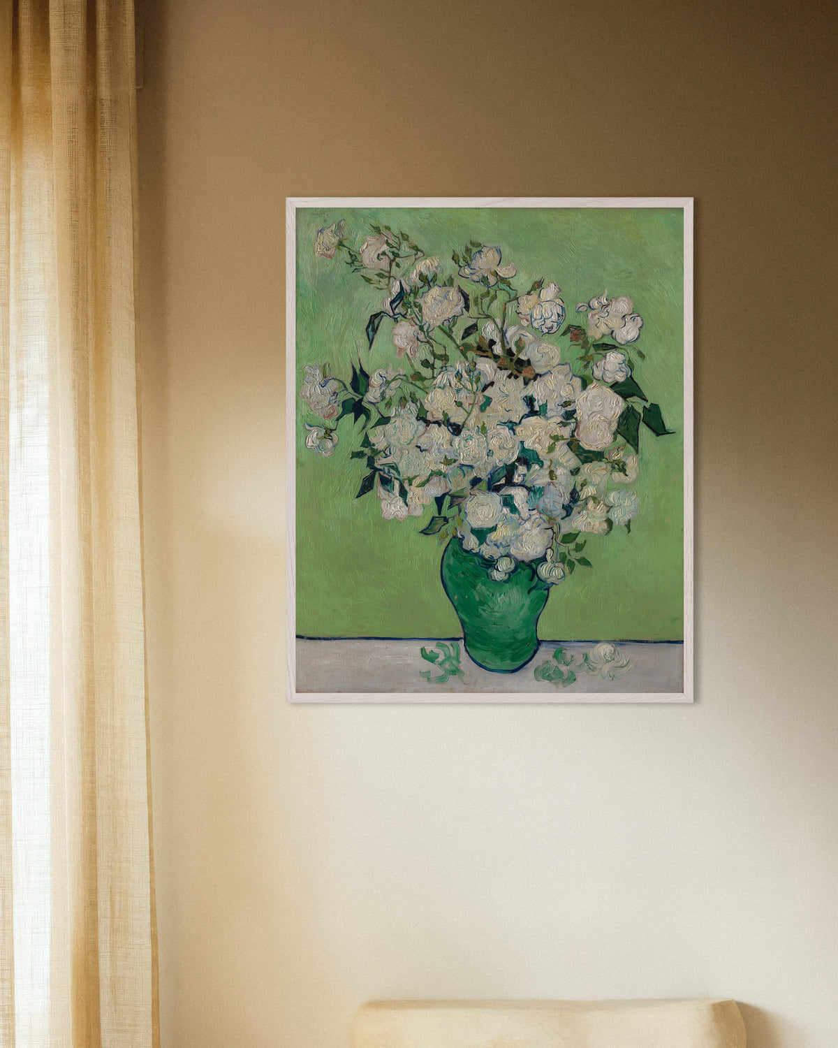 Poster de Vaso com Rosas (1890), de Vincent van Gogh, com moldura de madeira branca