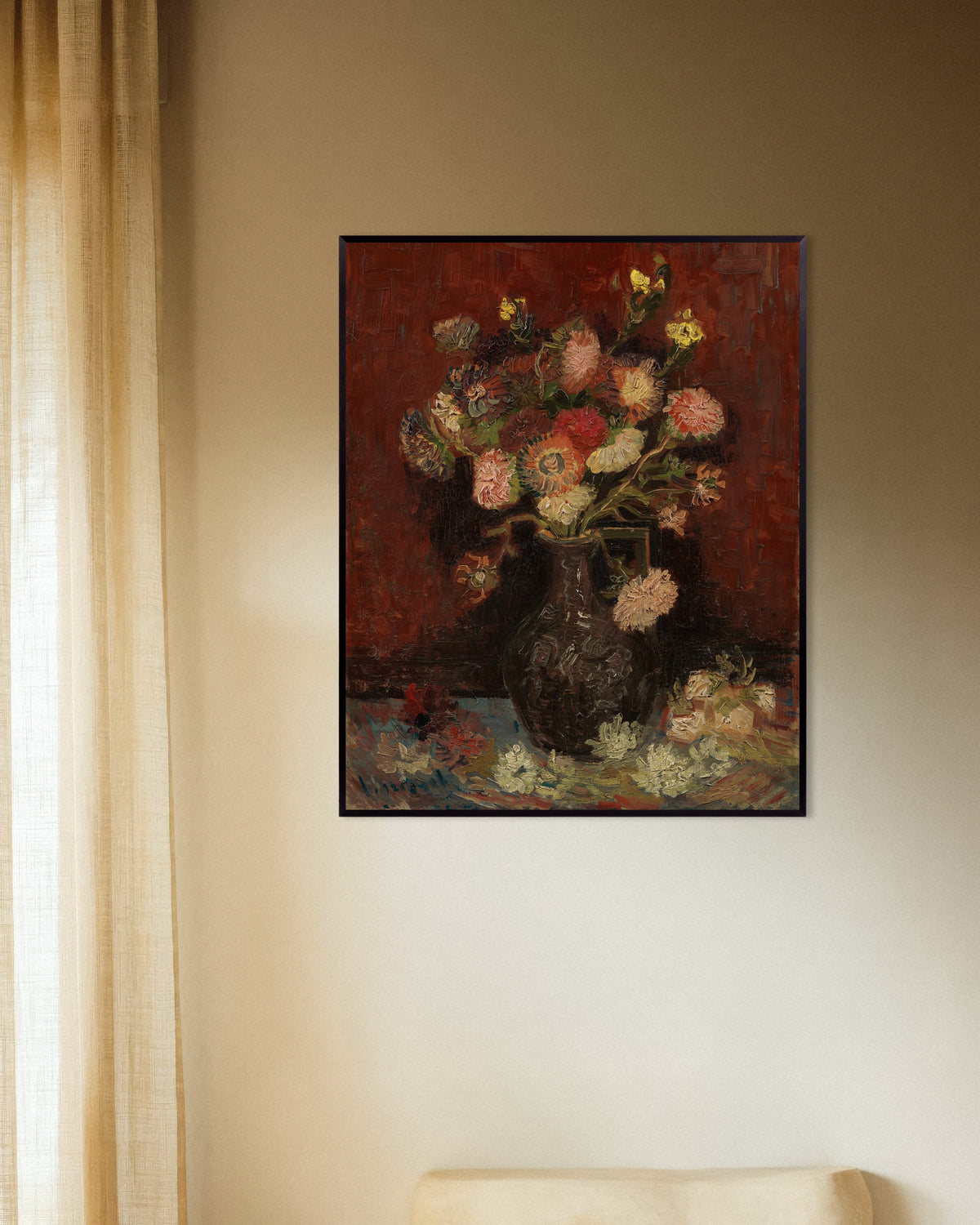 Poster de Vaso com ásteres chineses e gladíolos (1886), de Vincent van Gogh, com moldura metálica