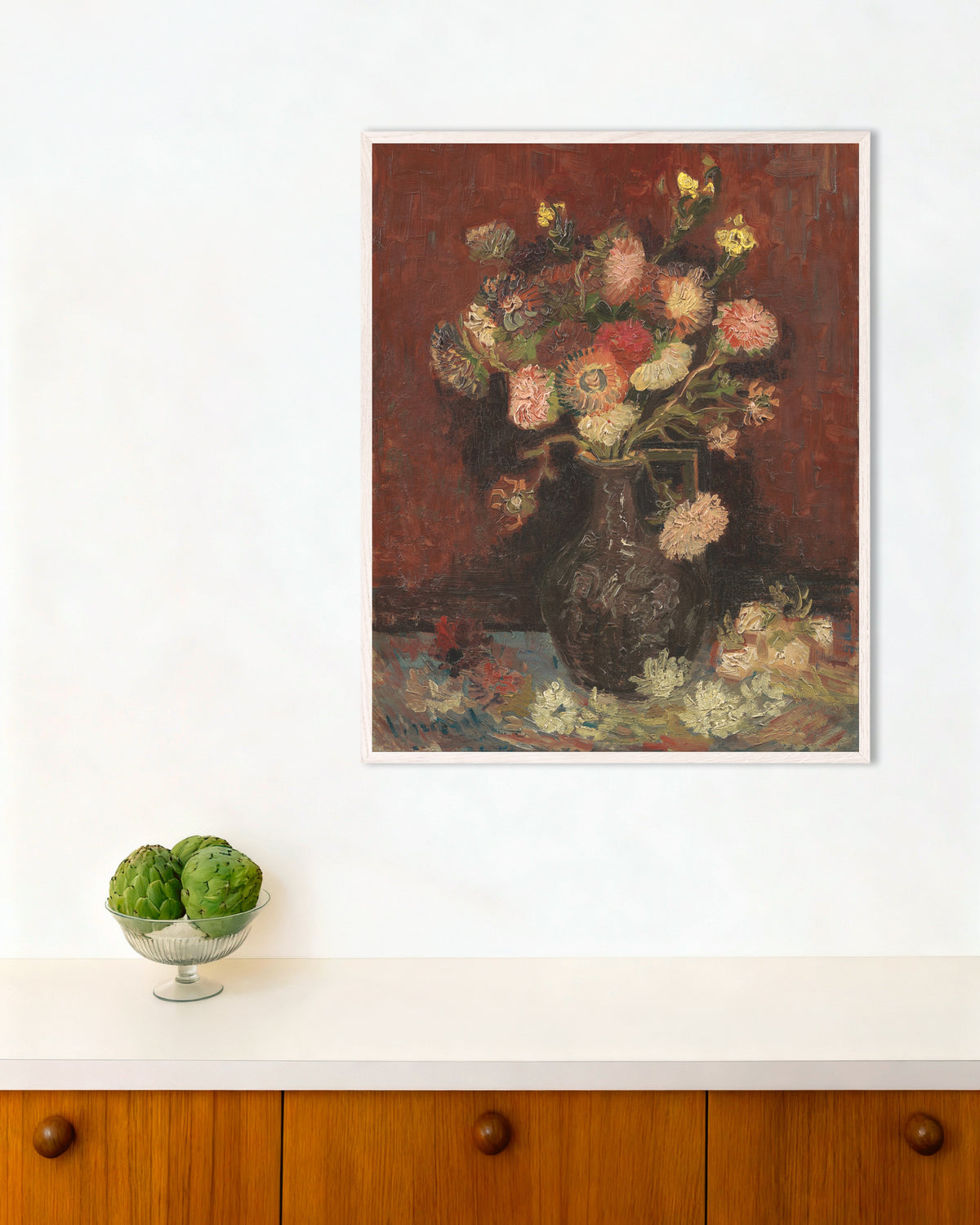Poster de Vaso com ásteres chineses e gladíolos (1886), de Vincent van Gogh, com moldura de madeira branca