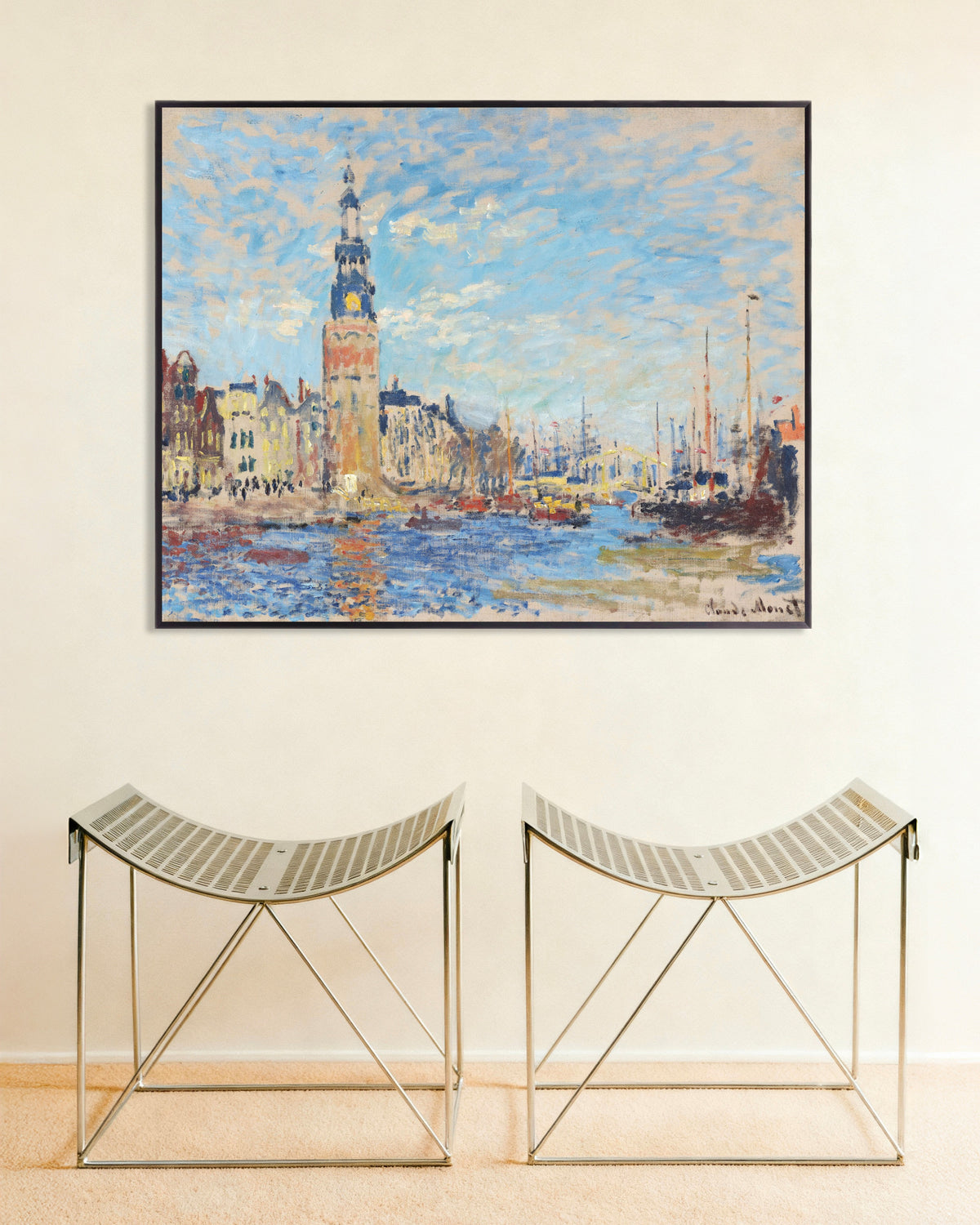 Poster Vista da Montelbaanstoren, Amesterdão (1874), de Claude Monet, com moldura de metal