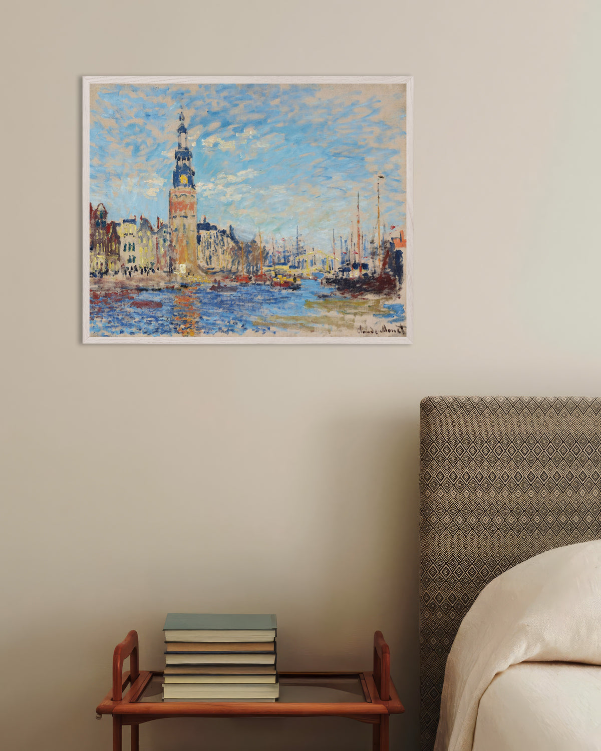 Poster Vista da Montelbaanstoren, Amesterdão (1874), de Claude Monet, com moldura de madeira branca