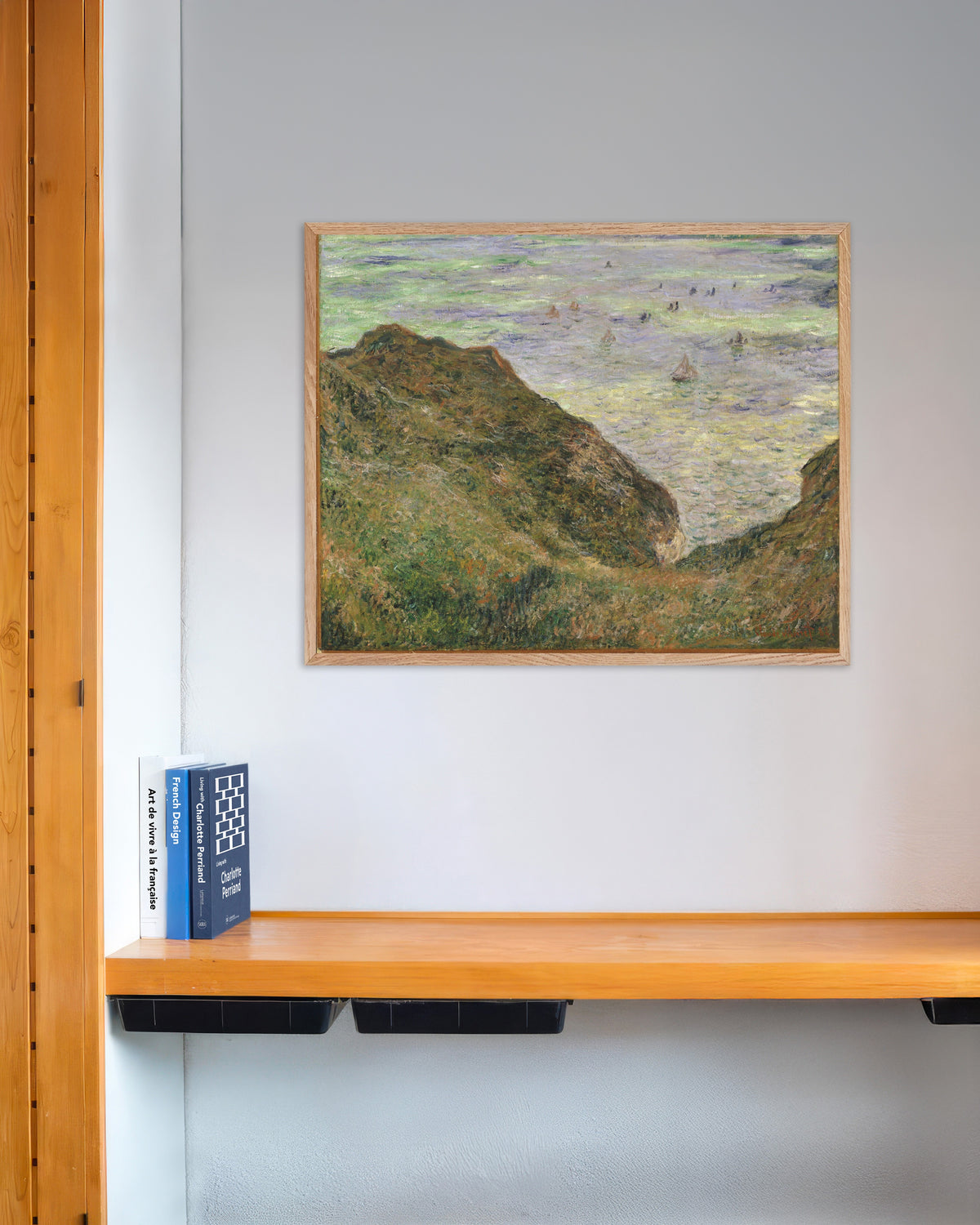 Poster Vista sobre o Mar (1882), de Claude Monet, com moldura de madeira natural