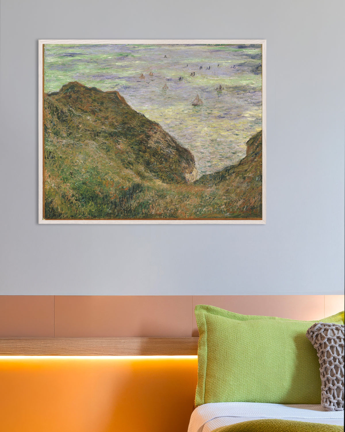 Poster Vista sobre o Mar (1882), de Claude Monet, com moldura de madeira branca