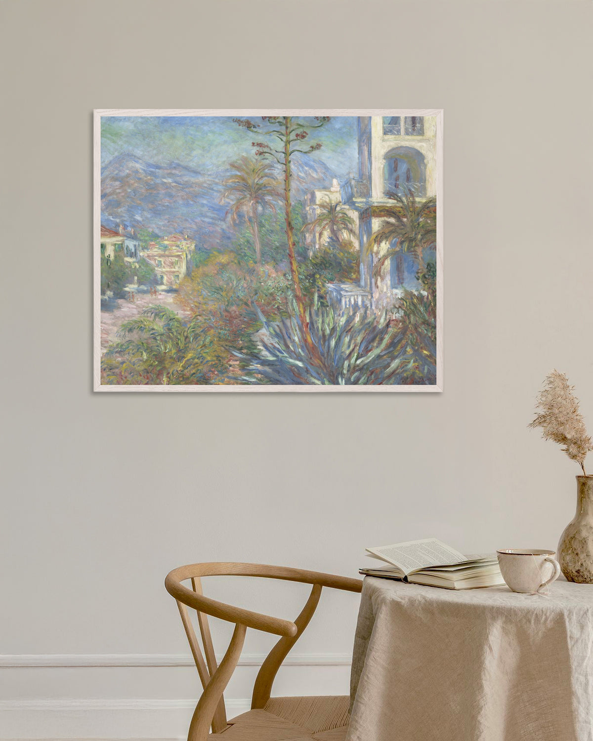 Poster Vivendas em Bordighera (1884), de Claude Monet, com moldura de madeira branca