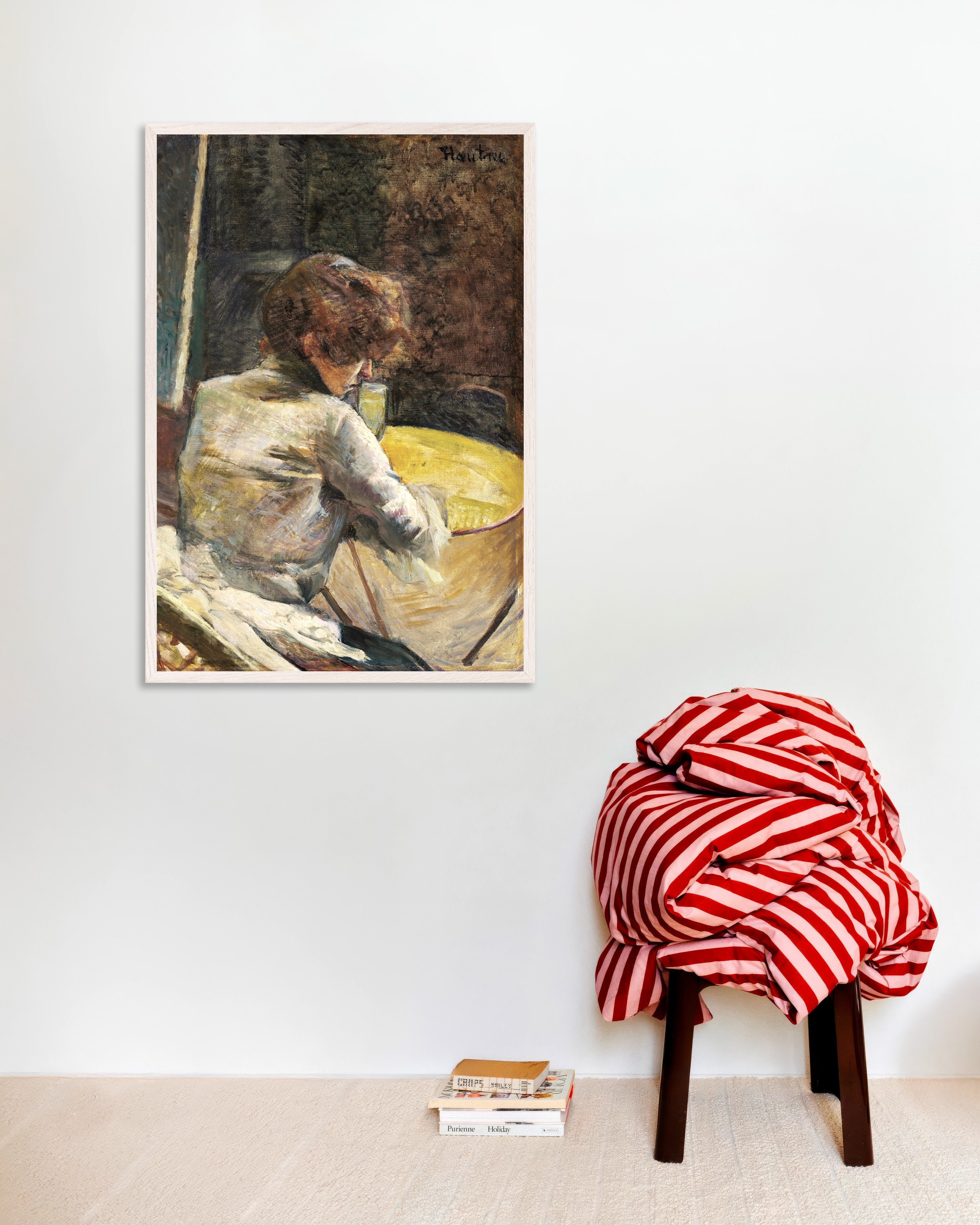 Poster of Waiting (ca. 1887) by Henri de Toulouse-Lautrec, with white wooden frame