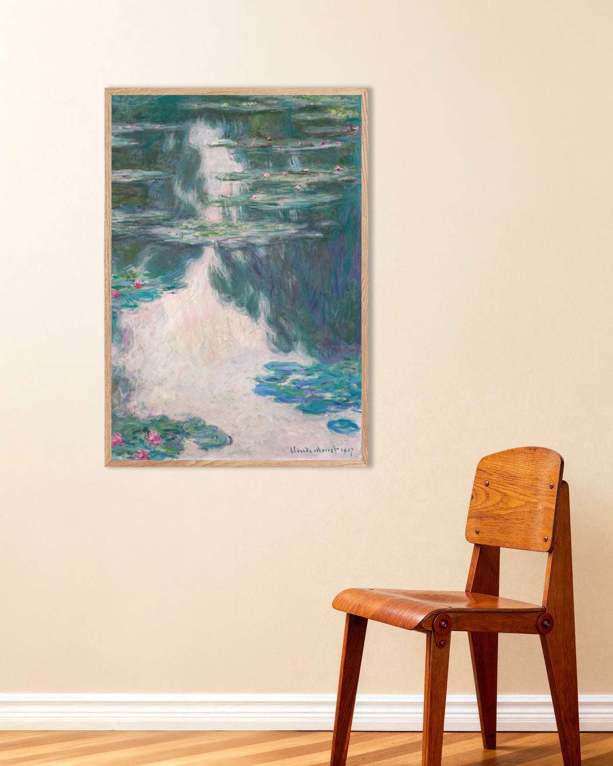 Poster Nenúfares, Tempo Cinzento (1907), de Claude Monet, com moldura de madeira natural
