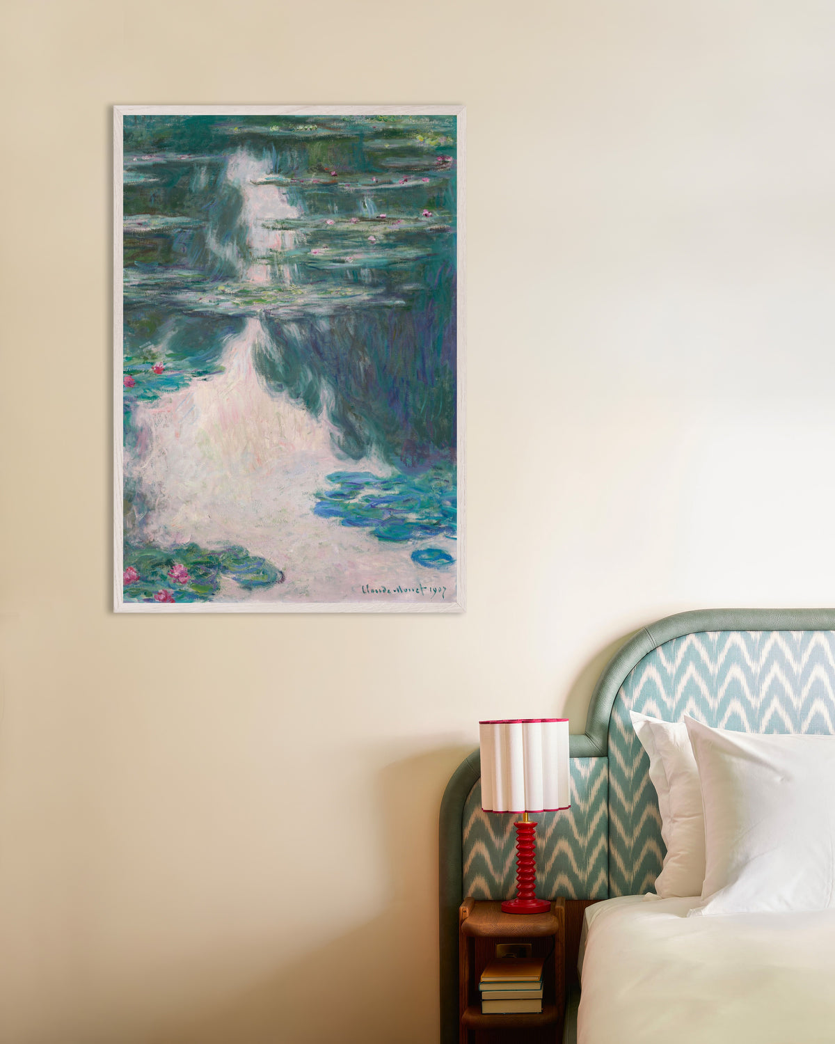 Poster Nenúfares, Tempo Cinzento (1907), de Claude Monet, com moldura de madeira branca