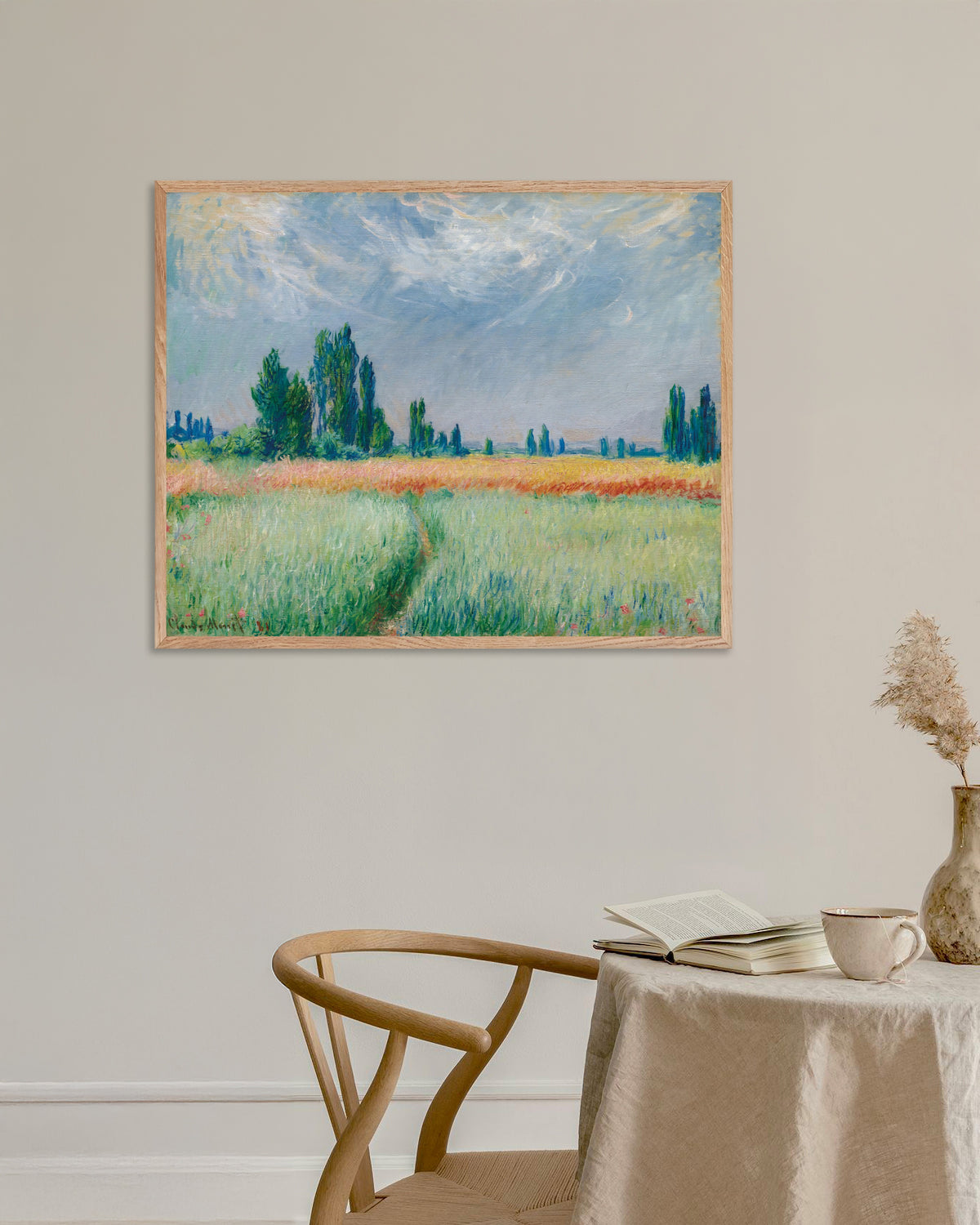 Poster Campo de Trigo (1881), de Claude Monet, com moldura de madeira natural