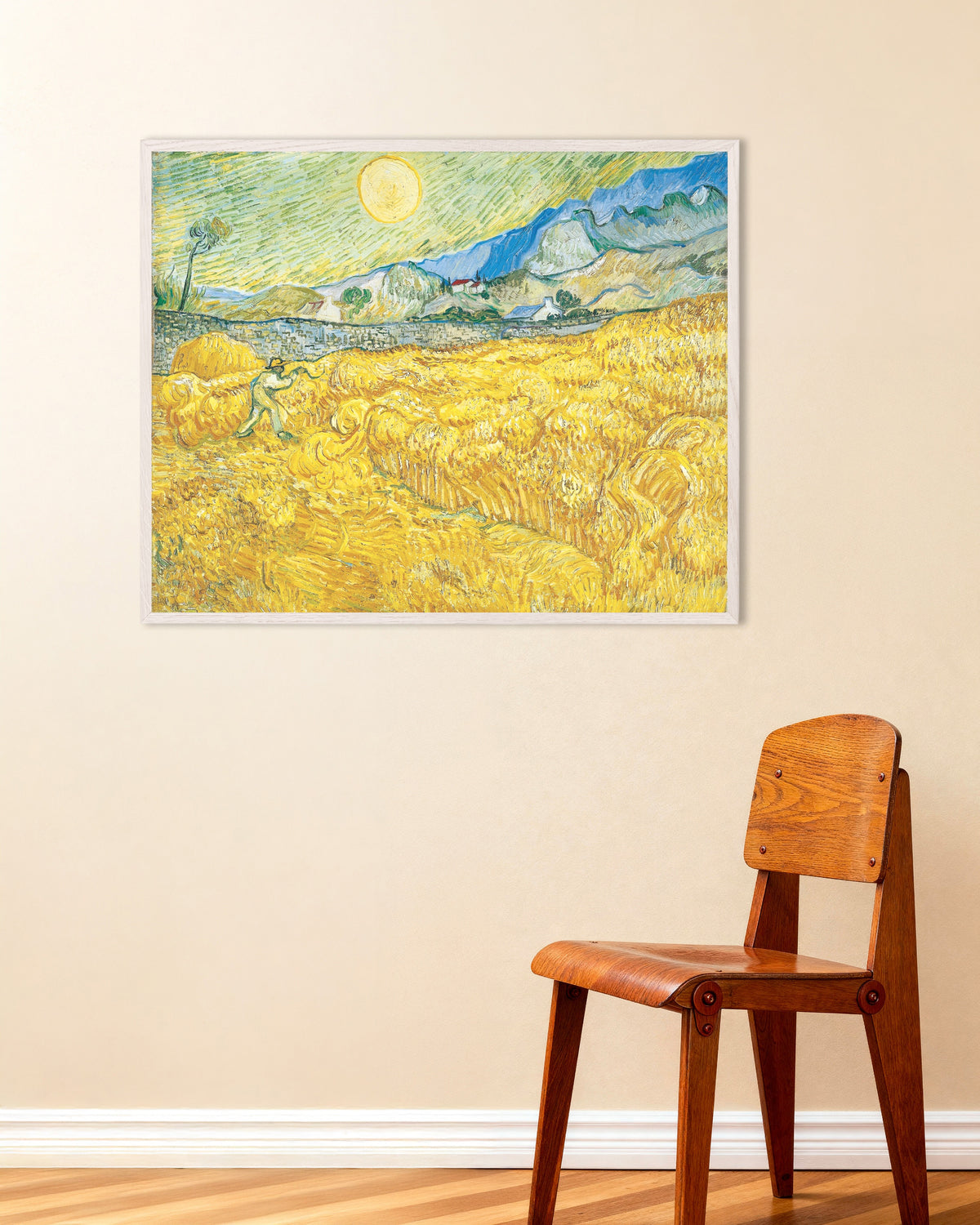 Poster de Campo de trigo atrás do Hospital de Saint-Paul com um ceifeiro (1889), de Vincent van Gogh, com moldura de madeira branca