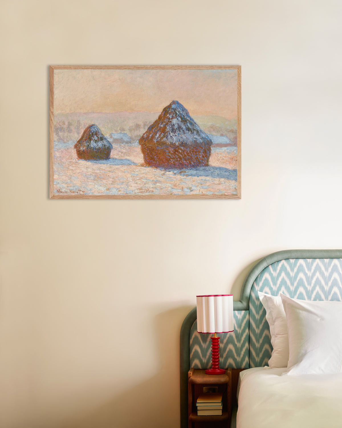 Poster Medas, Efeito de Neve, Manhã (1891), de Claude Monet, com moldura de madeira natural
