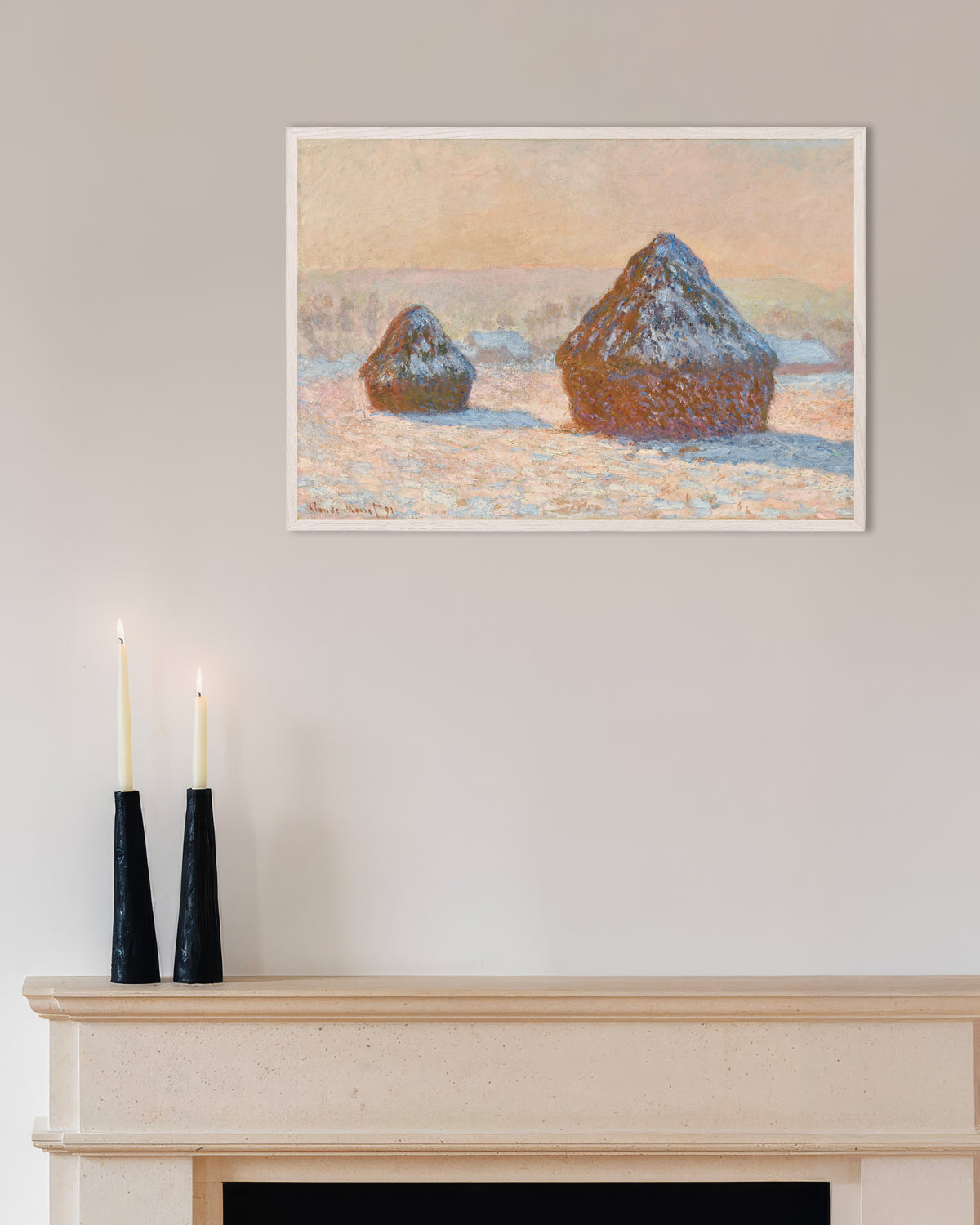 Poster Medas, Efeito de Neve, Manhã (1891), de Claude Monet, com moldura de madeira branca