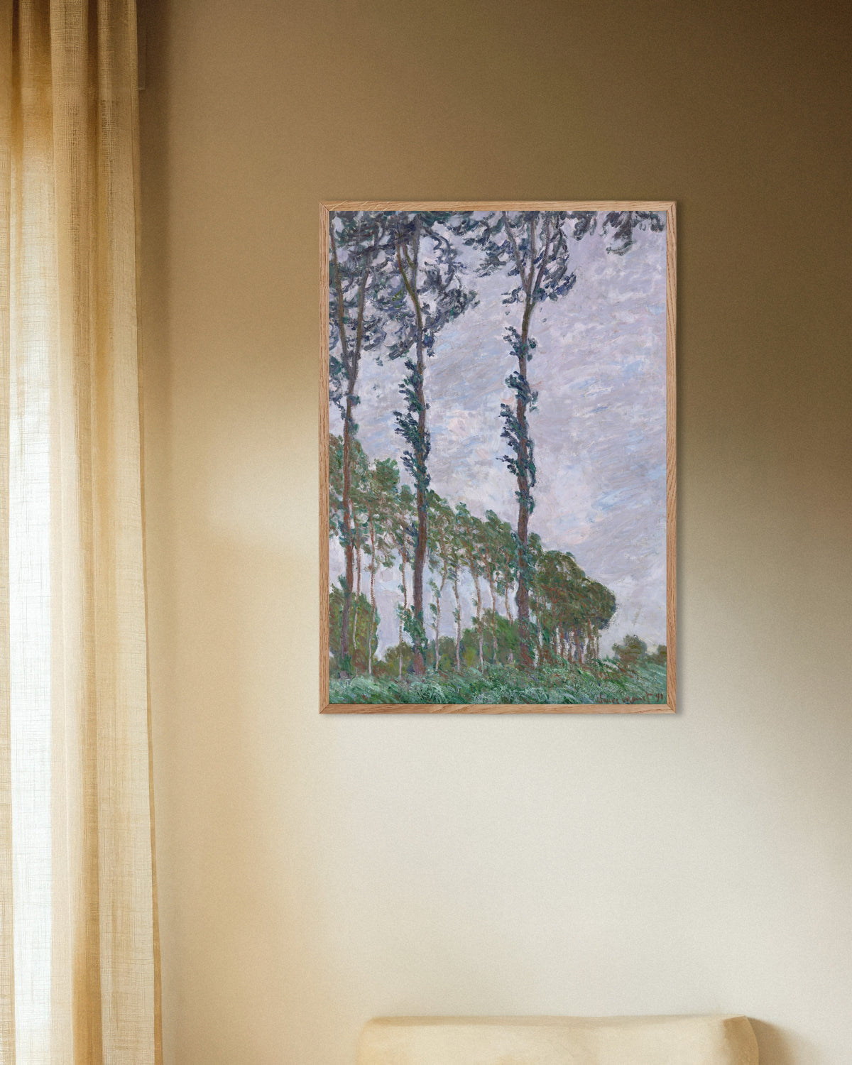Poster Os Choupos, Efeito de Vento (1891), de Claude Monet, com moldura de madeira natural