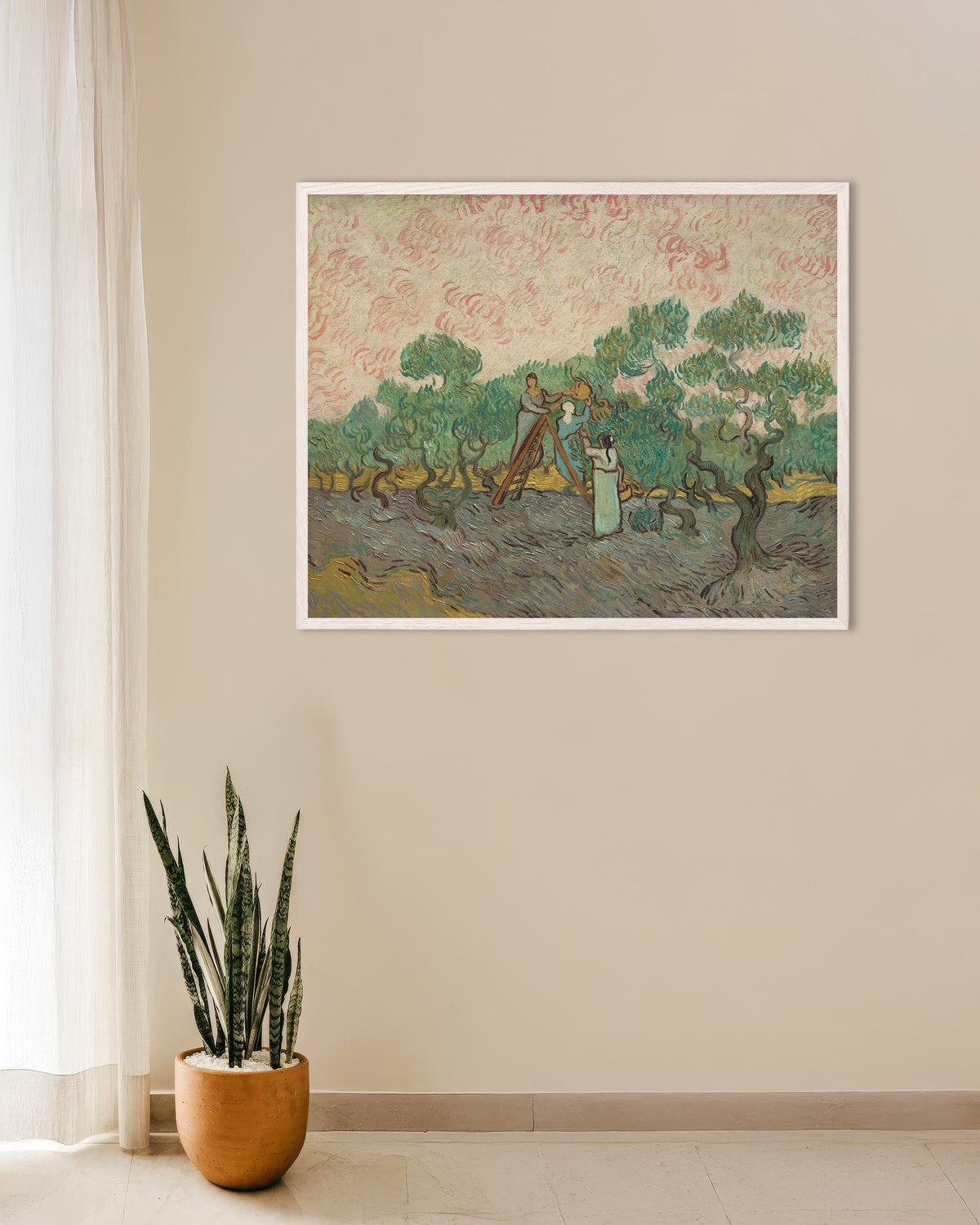 Poster de Mulheres a apanhar azeitonas (1889), de Vincent van Gogh, com moldura de madeira branca