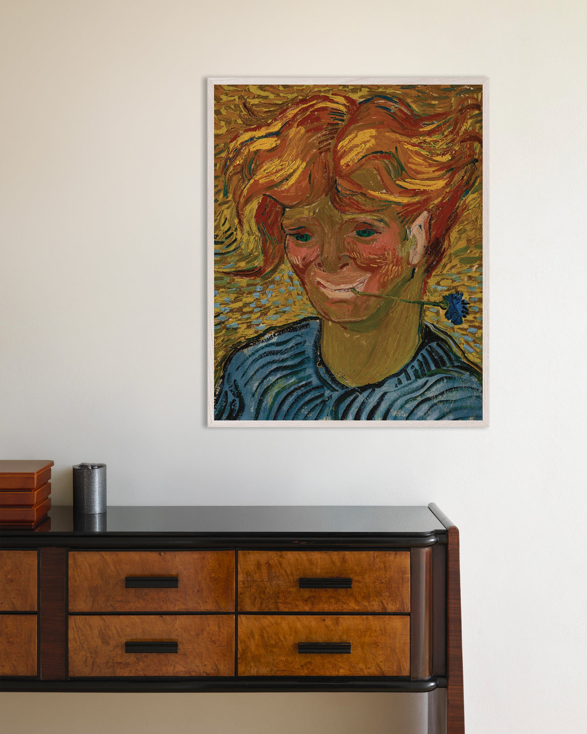 Poster de Jovem com uma centáurea (1890), de Vincent van Gogh, com moldura de madeira branca